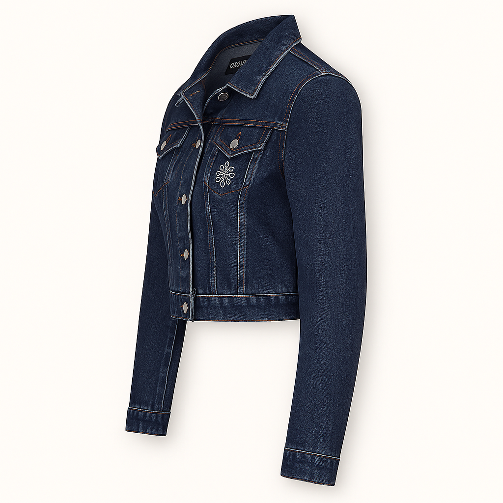 OROVYA Women’s Luxury Embroidered Denim Jacket — Premium Stitch with Signature Collar Tag