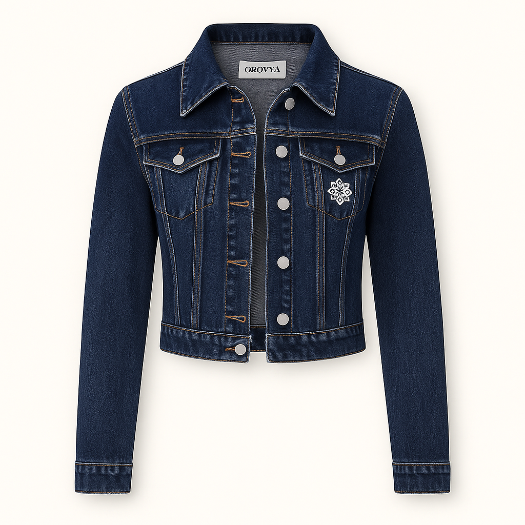 OROVYA Women’s Luxury Embroidered Denim Jacket — Premium Stitch with Signature Collar Tag