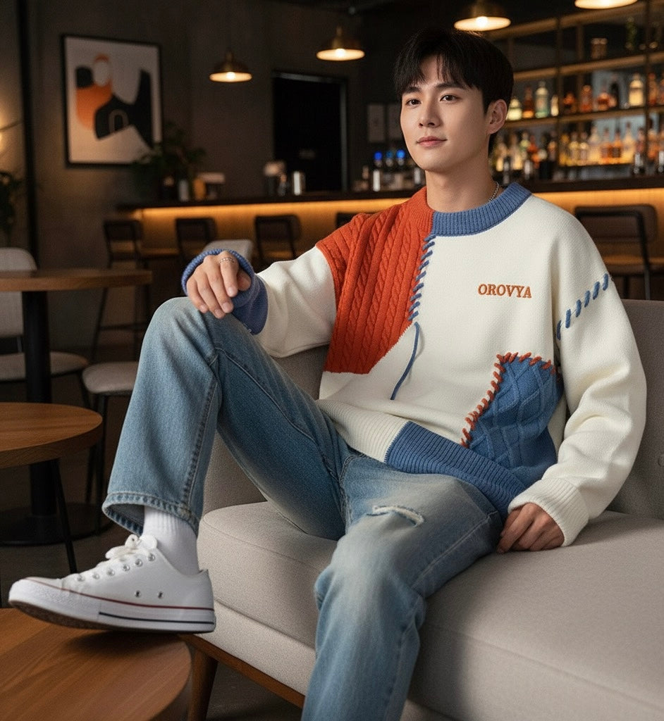 OROVYA Chunky Knit Patchwork Sweater