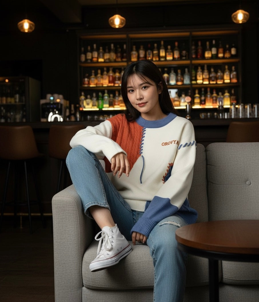 OROVYA Chunky Knit Patchwork Sweater