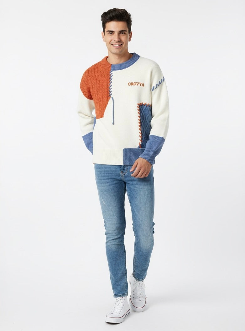 OROVYA Chunky Knit Patchwork Sweater