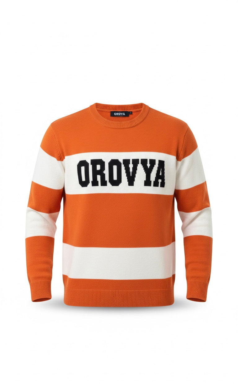 OROVYA Bold Stripe Knit Sweater – Burnt Orange & Ivory