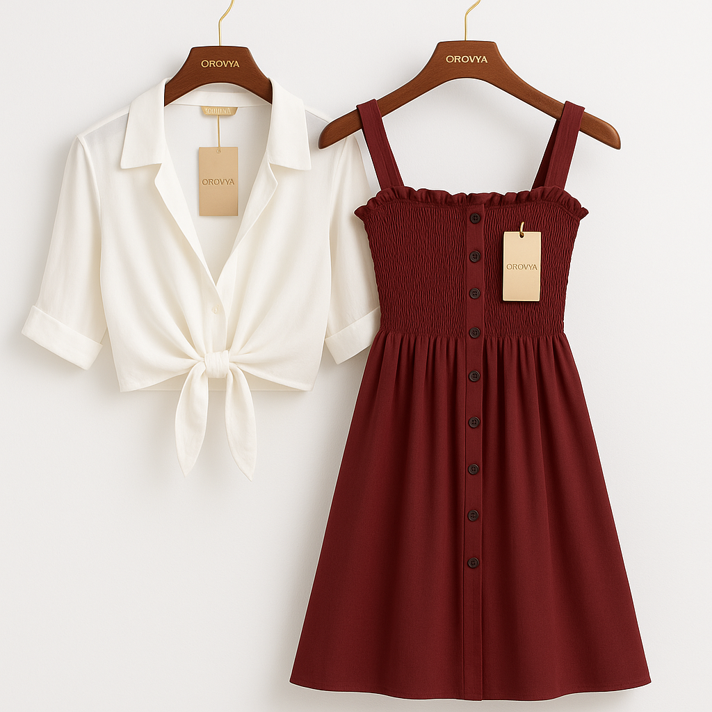 Maroon Smocked Dress & White Tie-Front Shirt Set