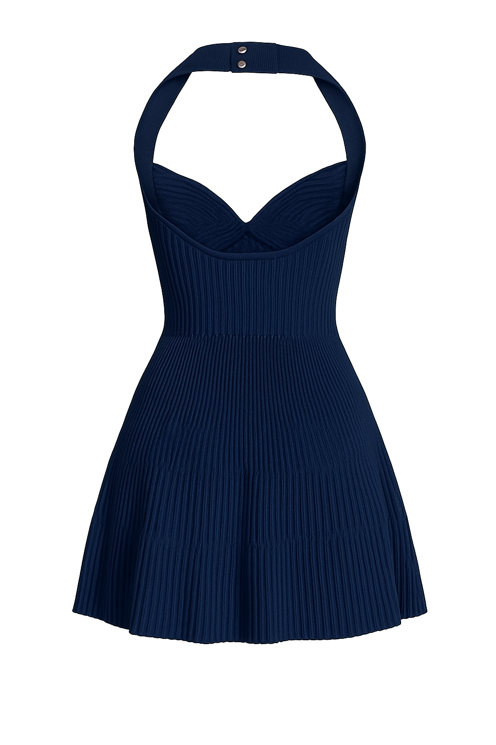 Navy blue halter dress on a white background