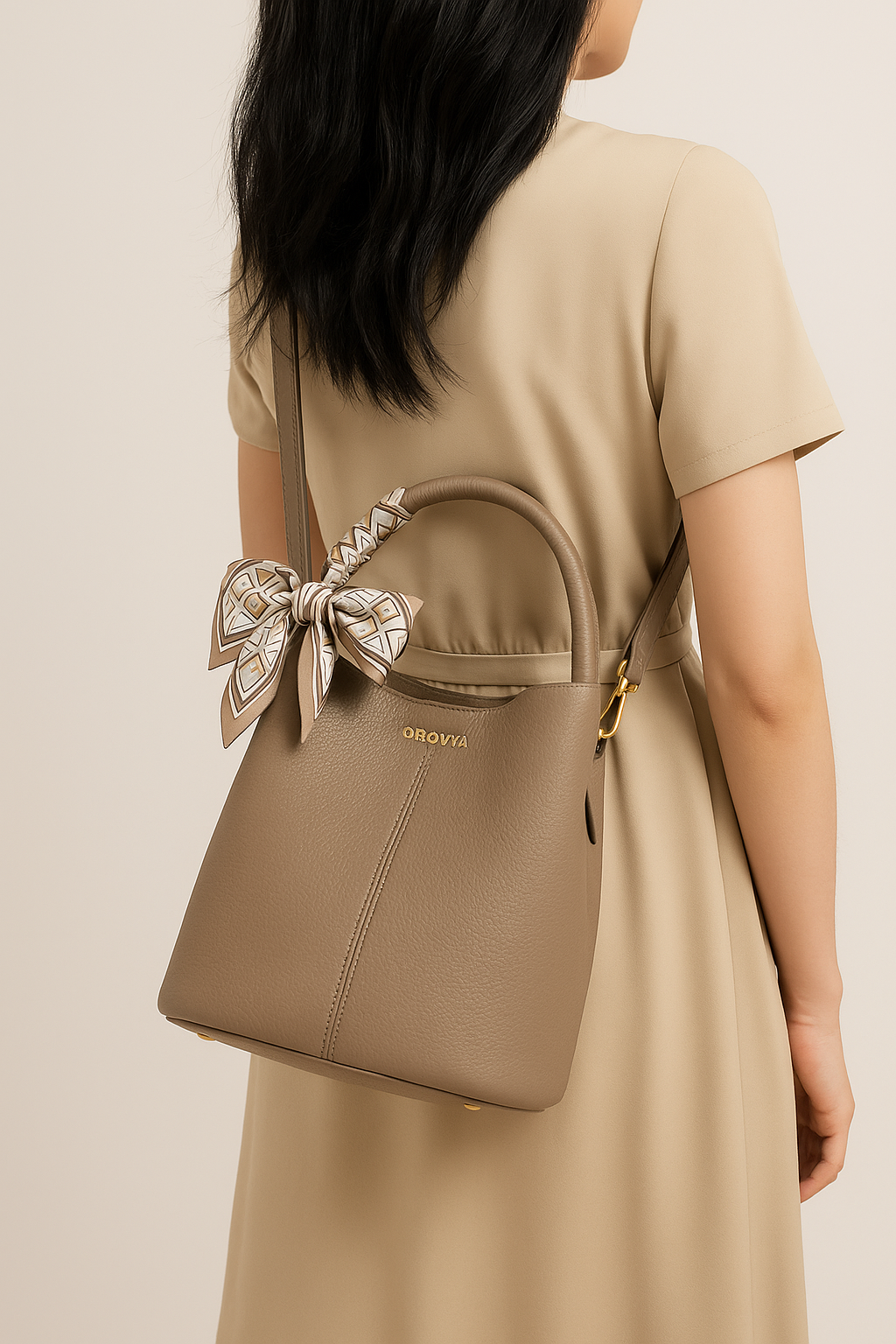 Taupe Leather Bucket Bag