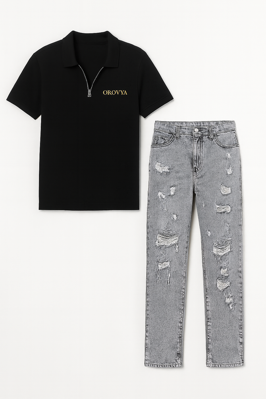 OROVYA Men’s Black Zip Polo T-Shirt & Grey Distressed Jeans Set